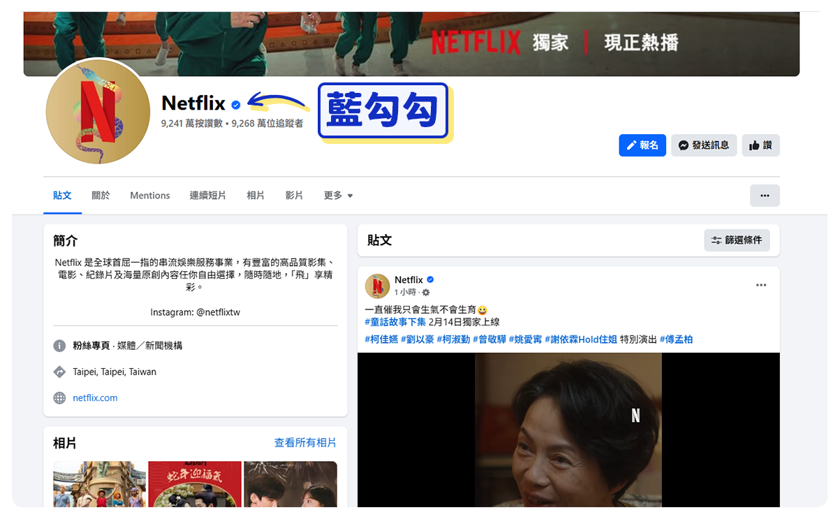 Facebook 藍勾勾示範：Netflix