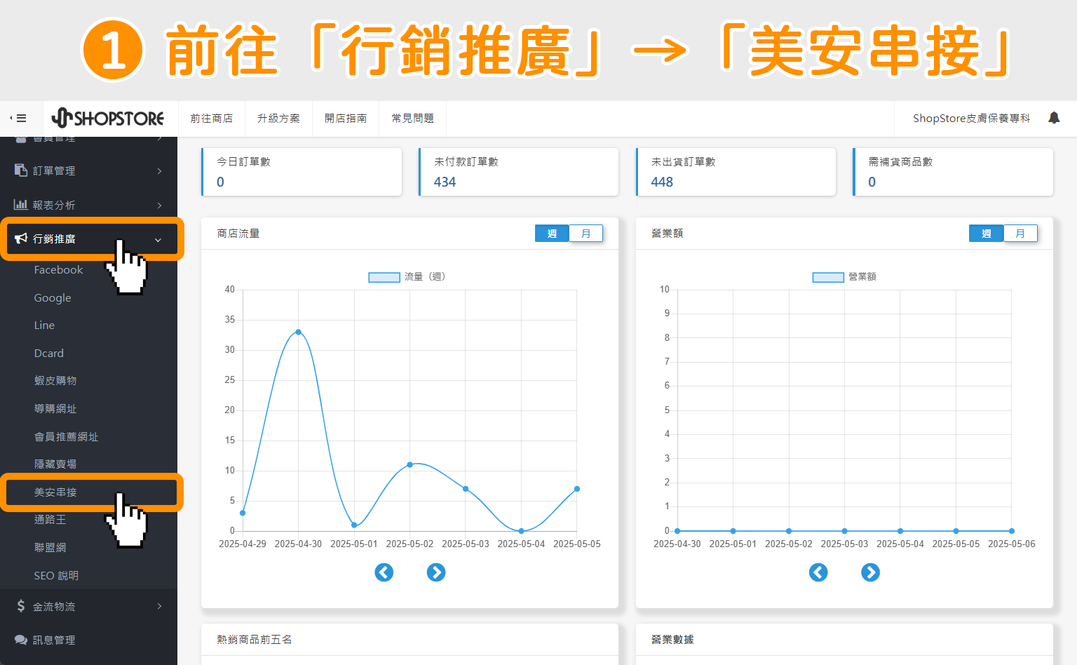 登入「ShopStore 店家管理後台」→於左方選單，點擊前往「行銷推廣」→「美安串接」。