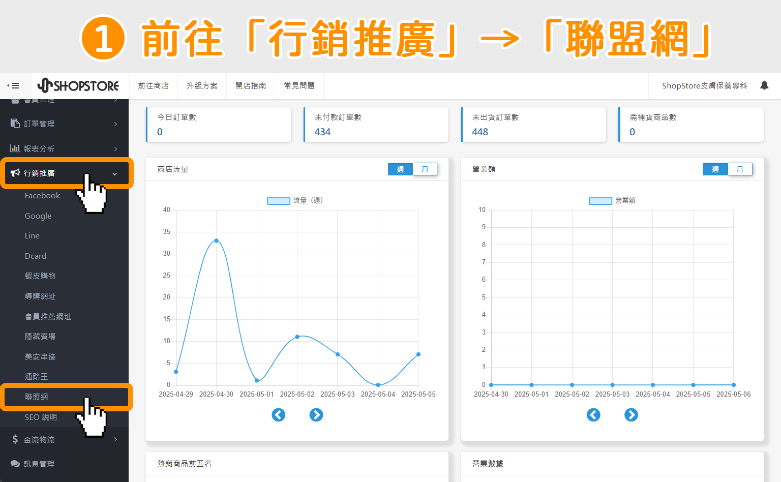 登入「ShopStore 店家管理後台」→於左方選單，點擊前往「行銷推廣」→「聯盟網」。