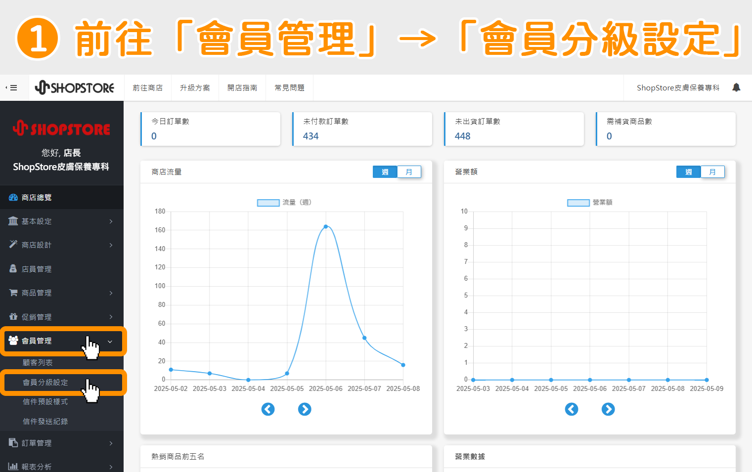 登入「ShopStore 店家管理後台」→於左方選單，點擊前往「會員管理」→「會員分級設定」。