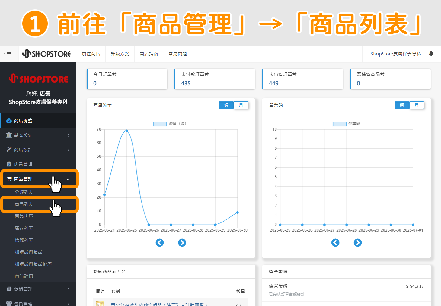 登入「ShopStore 店家管理後台」→於左方選單點擊前往「商品管理」→「商品列表」。