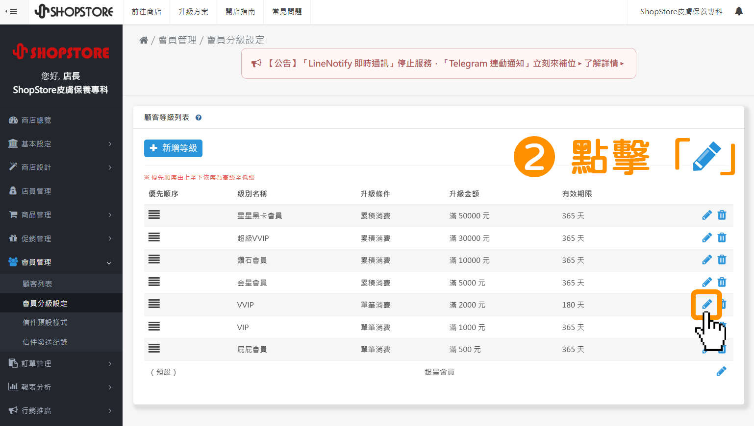 在想設定限購商品的會員等級右方，點擊「鉛筆」編輯按鈕。