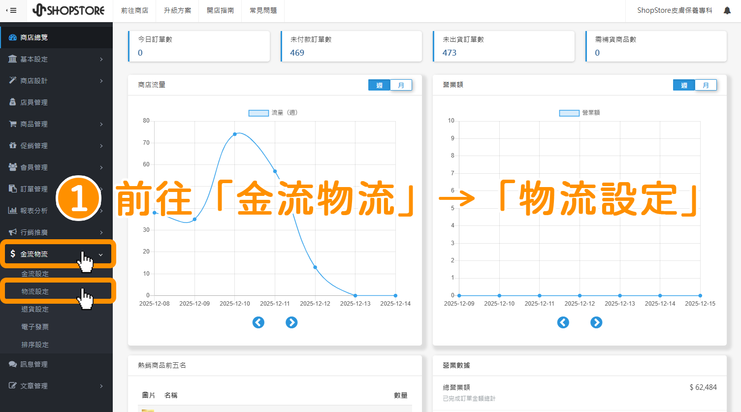 步驟1：登入「ShopStore 店家管理後台」&rarr;於左方選單點擊前往「金流物流」&rarr;「物流設定」。