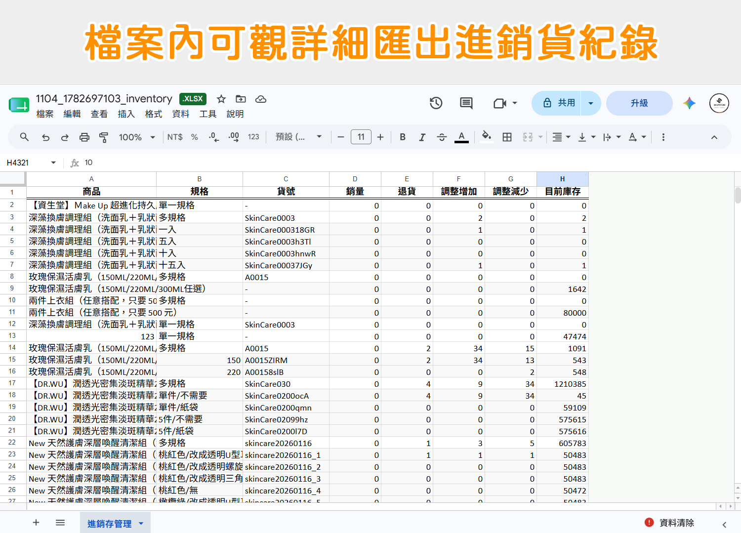 【庫存管理】進銷貨庫存報表匯出:檔案內即會詳細顯示「商品」、「規格」、「貨號」、「銷量」、「退貨」、「調整增加」、「調整減少」、「目前庫存」等詳細資料可觀看與核對。