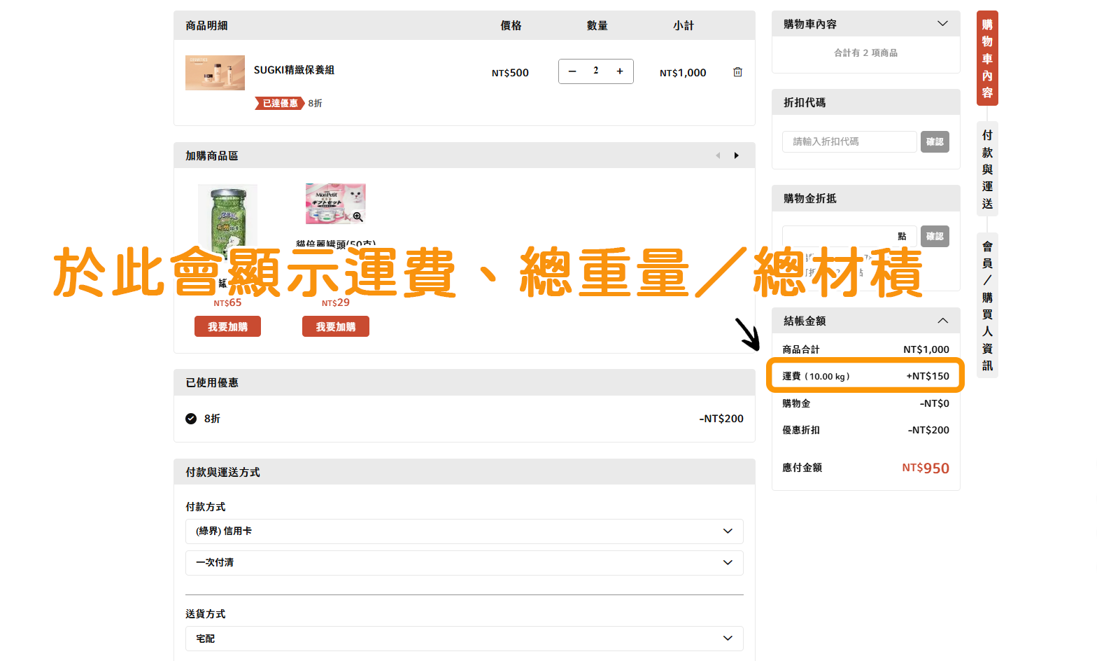 當顧客前往「結帳頁面」，如店家使用的運費為「依重量」／「依材積」做計算，且商品本身也有設定「重量」／「材積」，在「運費」旁邊即會顯示目前此筆訂單的「總重量」／「總材積」。