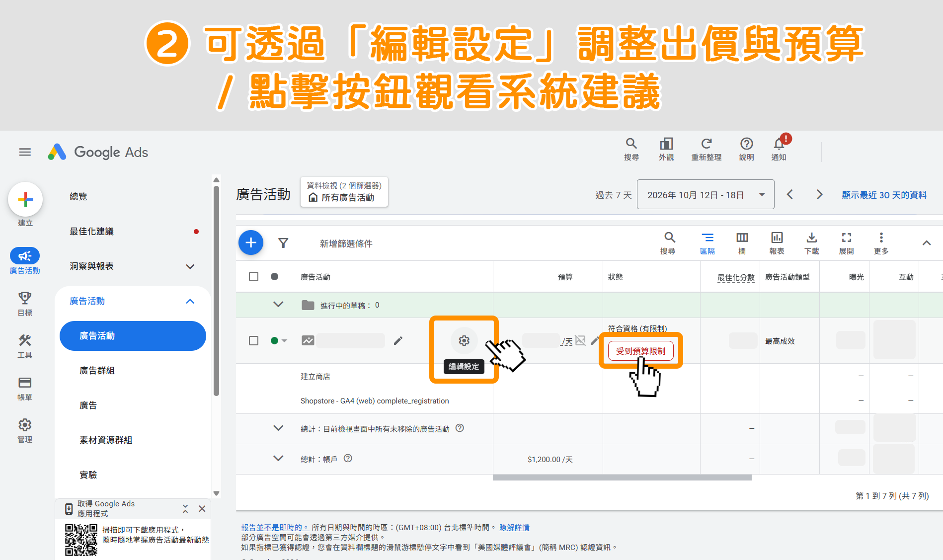 Google Ads 出價設定-步驟2:方式一:將滑鼠移到「廣告活動名稱」上,系統即會顯示「編輯設定」按鈕,商家可以點擊按鈕,進入編輯頁面,即可調整「出價」與「每日平均預算」;方式二:點擊【狀態】欄位上顯示的「 受到預算限制 」查看 Google Ads 建議並直接套用建議調整。