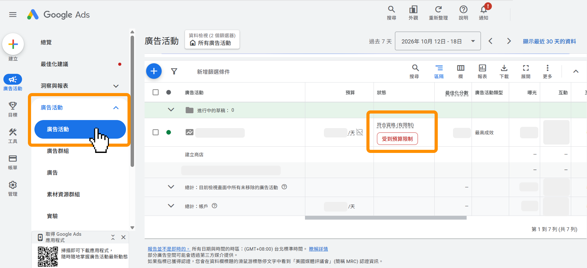 Google Ads後台→廣告活動→「廣告受到預算限制」顯示位置。
