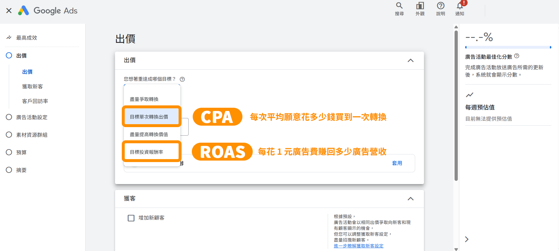 Google Ads後台→新增廣告活動→「目標單次轉換出價 CPA」、「目標廣告投資報酬率 ROAS」設定位置
